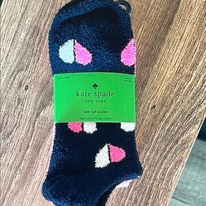 kate spade navy blue cozy low cut socks with pink and white heart dots